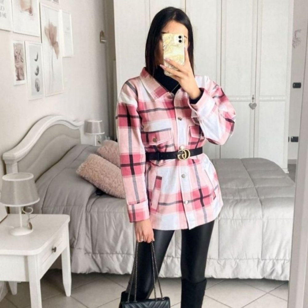 Pink Plaid Check Long Sleeve Loose Fit Shacket Shirt Jacket - Picture 4 of 12